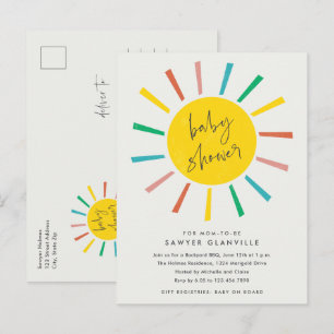 Invitation Carte Postale Fête Moderne Bébé Écriture Soleil Arc-en-Ciel