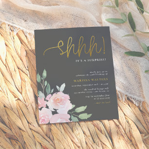Invitation Carte Postale Fête Or Shhh C'est Une Surprise Rose Pâle & Gris