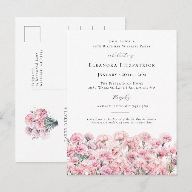 Invitation Carte Postale FÊTE SURPRISE 55e Anniversaire Fleur de Naissance  (Devant / Derrière)