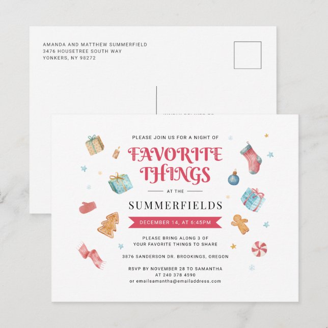 Invitation Carte Postale Fêtes de Noël Choses préférées Fête d'échange de c (Devant / Derrière)