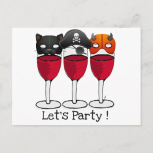 INVITATION CARTE POSTALE FÊTONS HALLOWEEN COSTUME MASQUES VIN LUNETTES