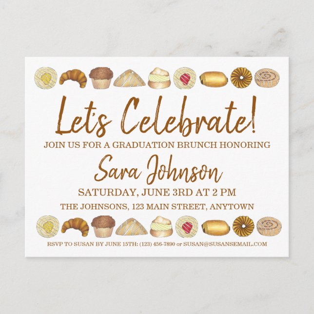 Invitation Carte Postale Fêtons la pâtisserie Petit-déjeuner Brunch Foods (Devant)