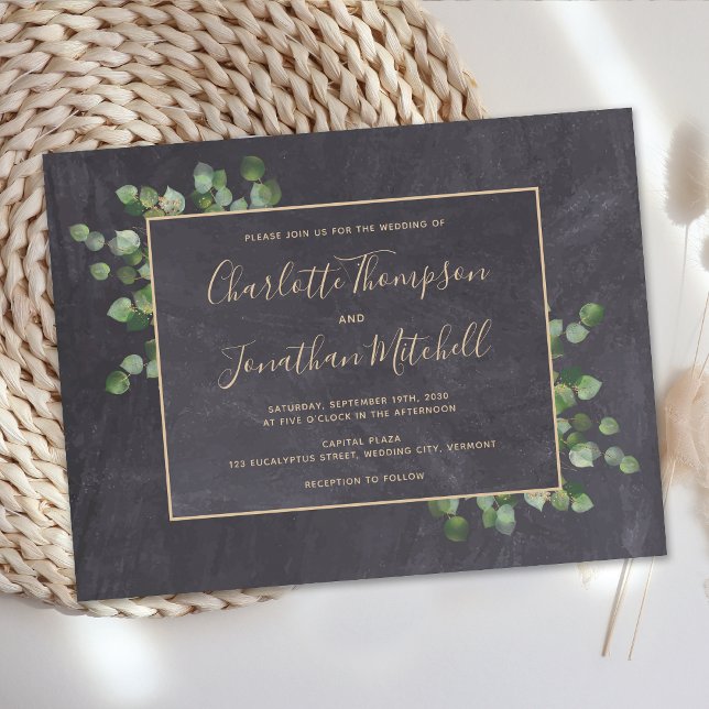 Invitation Carte Postale Feuillage de eucalyptus verdure tableau noir rusti (Créateur téléchargé)
