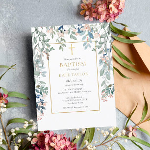 Invitation Carte Postale Feuillage floral croix dorée baptême