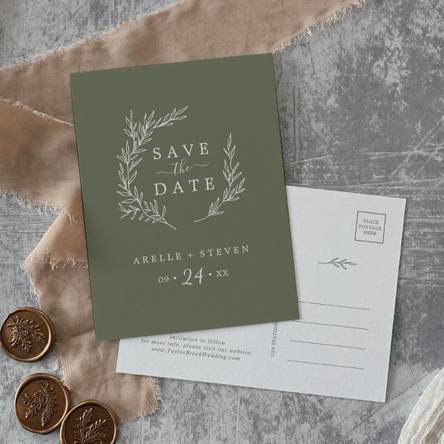 Invitation Carte Postale Feuille minimale | Vert foncé Enregistrer la date (Créateur téléchargé)