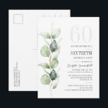 Invitation Carte Postale Feuilles d'aquarelle d'eucalyptus moderne pour 60e<br><div class="desc">Cela pourrait être une fête surprise ou une autre décennie spéciale atteinte. Cette invitation de fête d'anniversaire de 60 ans avec un design de verdure d'eucalyptus et une typographie moderne populaire peut être facilement modifiée pour s'adapter à toute célébration d'anniversaire ou d'anniversaire de mariage. Vous pouvez modifier le texte, les...</div>