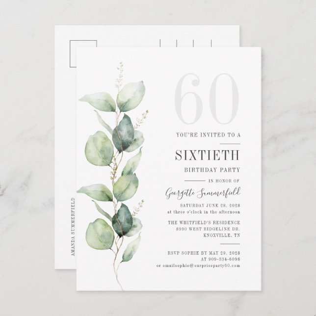 Invitation Carte Postale Feuilles d'aquarelle d'eucalyptus moderne pour 60e (Devant / Derrière)