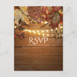 Invitation Carte Postale Feuilles d'automne et lumières de chaîne sur Bois 