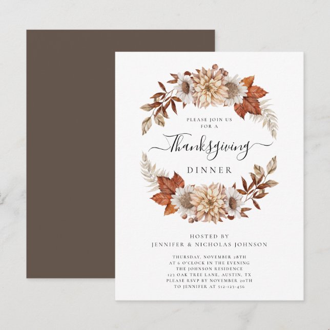 Invitation Carte Postale Feuilles de Thanksgiving de diner Marron Rustique  (Devant / Derrière)