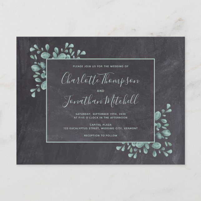Invitation Carte Postale Feuilles d'eucalyptus verdure tableau noir rustiqu (Devant)
