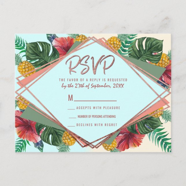 Invitation Carte Postale Feuilles Florales Tropicales d'Été de l'Ananas RSV (Devant)