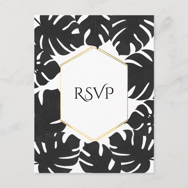Invitation Carte Postale Feuilles Tropicales Noires Mariage Blanc & Or RSVP (Devant)
