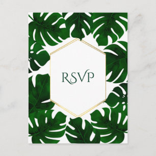 Invitation Carte Postale Feuilles Tropicales Vert Foncé Or Blanc Réponse Ma