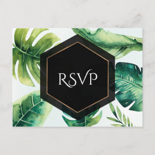Invitation Carte Postale Feuilles tropicales vertes Mariage élégant blanc R