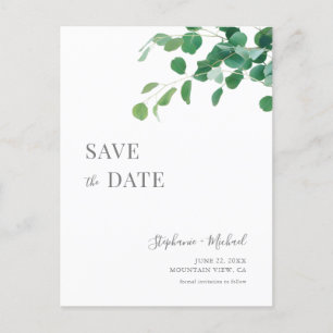 Invitation Carte Postale Feuilles verts minimalistes Enregistrer la date pe