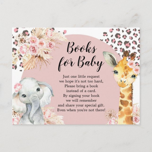 Invitation Carte Postale Fille Animaux de Safari Boho Rose Livres pour Bébé (Devant)