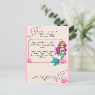 Invitation Carte Postale Fille bébé Premier anniversaire Fête Sirène