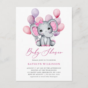 Invitation Carte Postale Fille Eléphant rose Balloon Script mignon Baby sho