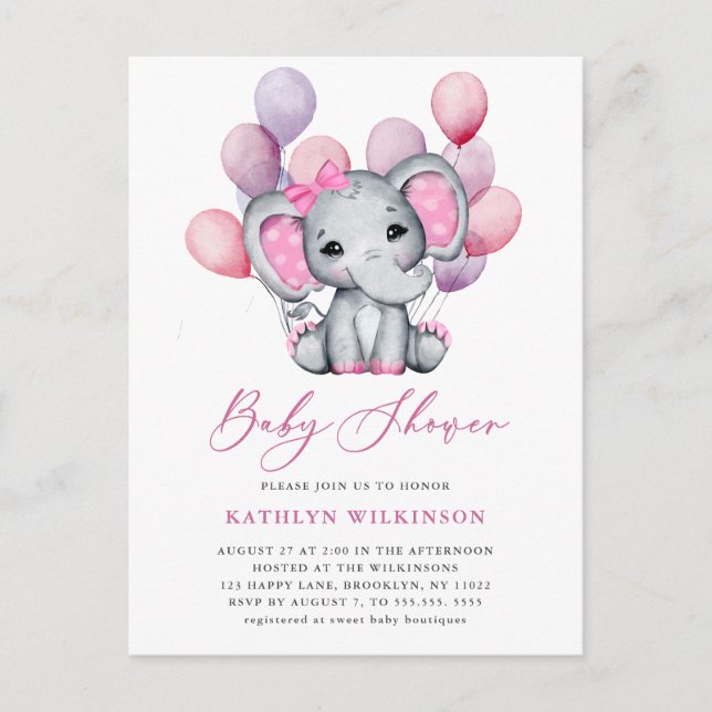 Invitation Carte Postale Fille Eléphant rose Balloon Script mignon Baby sho (Devant)