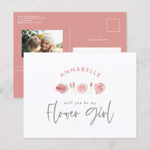 Invitation Carte Postale Fille fleurie chic aquarelle rose