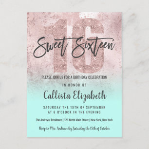 Invitation Carte Postale Fille Grunge Rose Gold Mint Parties scintillant Fo