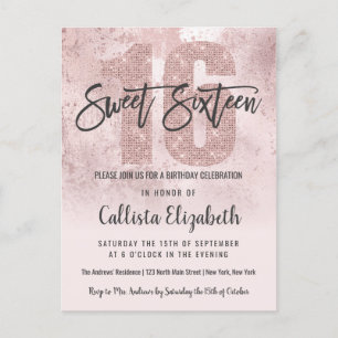 Invitation Carte Postale Fille Grunge Rose or rose Parties scintillant Foil