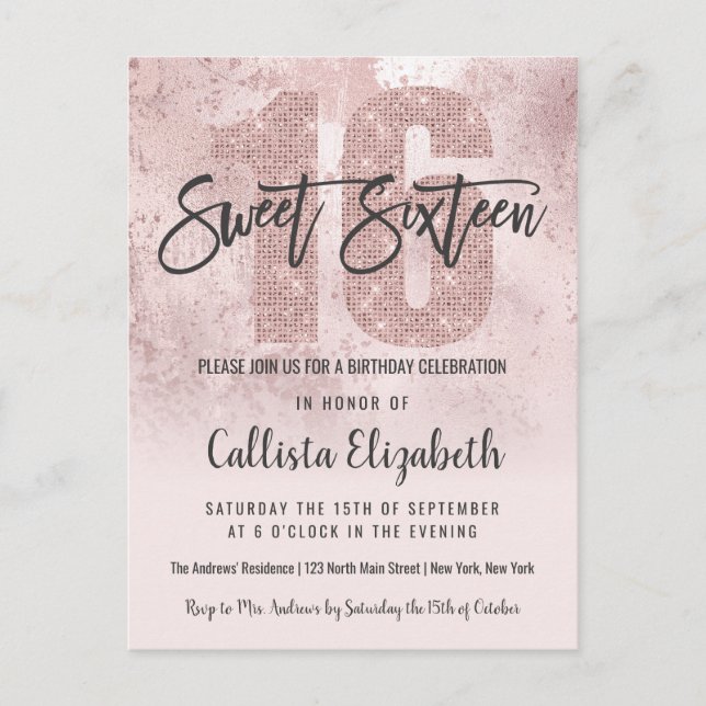 Invitation Carte Postale Fille Grunge Rose or rose Parties scintillant Foil (Devant)