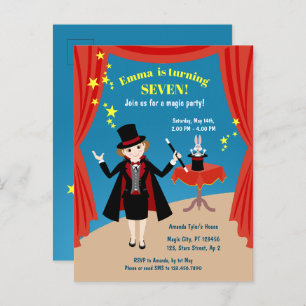Invitation Carte Postale Fille magicien Spectacle Anniversaire