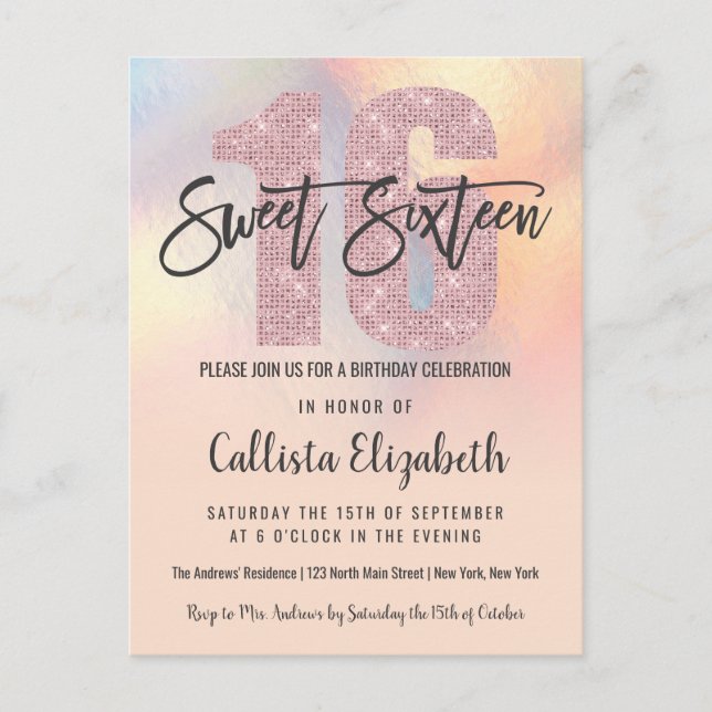 Invitation Carte Postale Fille Moderne Peach Iridescente Foil Ombre Sweet 1 (Devant)