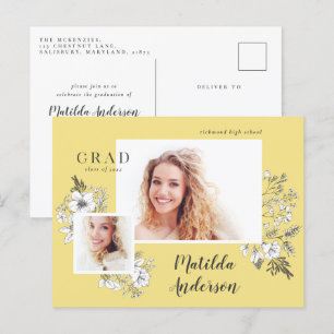 Invitation Carte Postale Fille multiphoto florale élégante fête de graduati