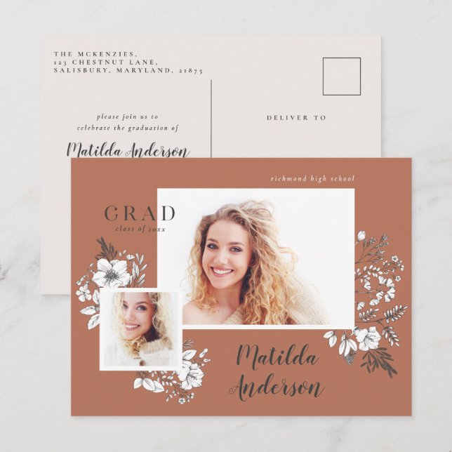 Invitation Carte Postale Fille multiphoto florale élégante fête de graduati (Devant / Derrière)