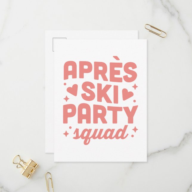 Invitation Carte Postale Filles de l'après-ski squad esthétique rose (Devant/Arrière en situation)