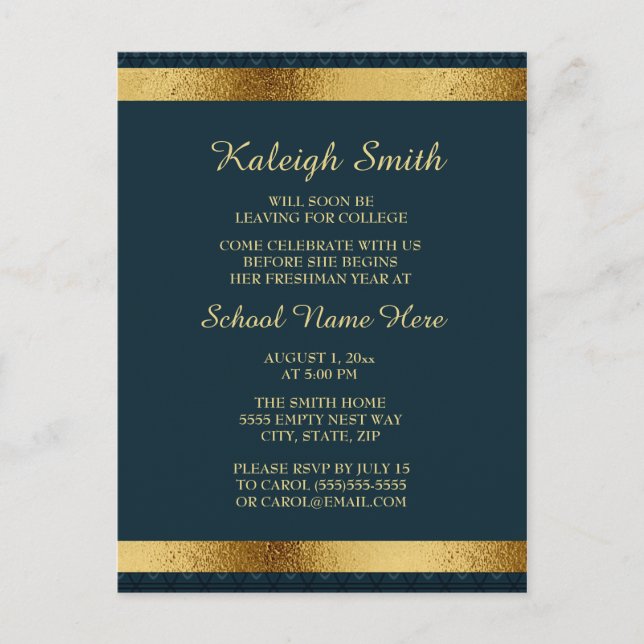 Invitation Carte Postale Filles Elegant Marine Blue Gold College Trunk Part (Devant)