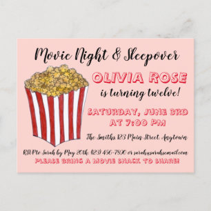 Invitation Carte Postale Film Cinéma Nuit Slepover Popcorn Anniversaire