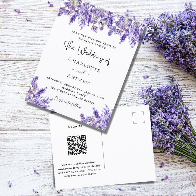 Invitation Carte Postale Fils violet lavande QR RSVP détails mariage (Créateur téléchargé)