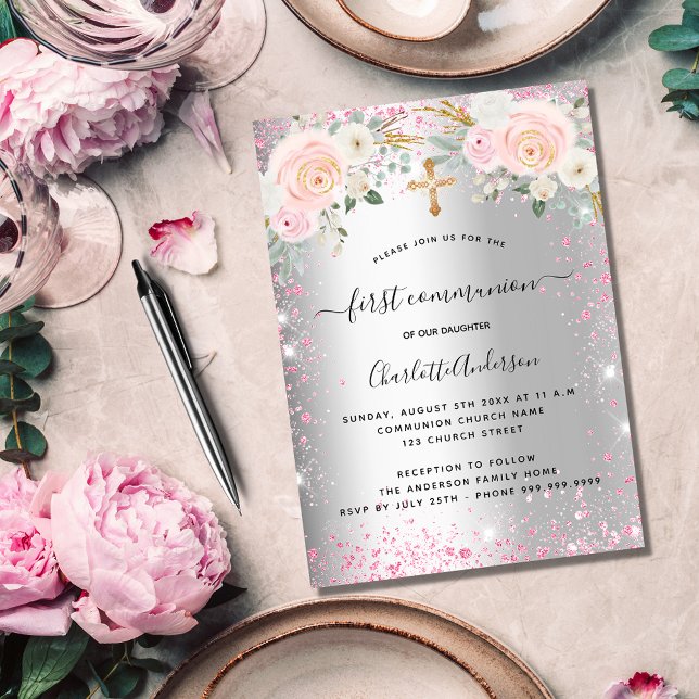 Invitation Carte Postale First communion girl silver pink florals sparkles (Créateur téléchargé)