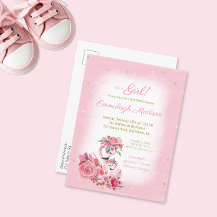 Invitation Carte Postale Flamant rose Aquarelle rose Baby shower Ballerina