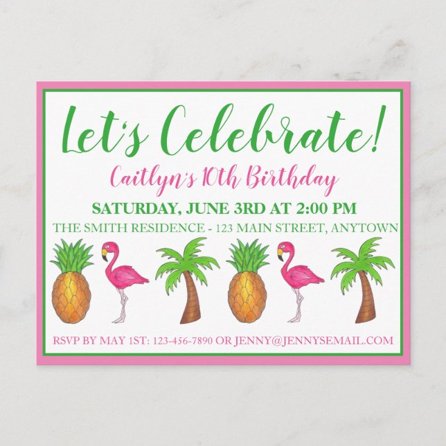 Invitation Carte Postale Flamant rose d'anniversaire Palm Tree Pineapple (Devant)