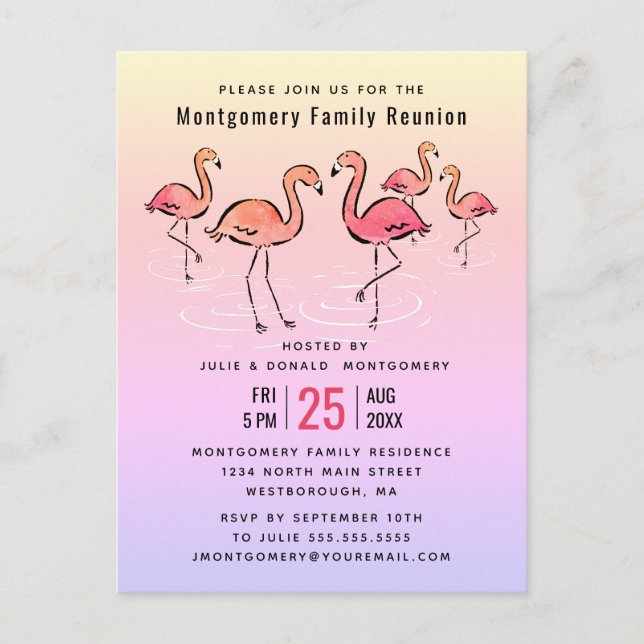 Invitation Carte Postale - Flamant rose d'aquarelle tropicale Reunion famil (Devant)