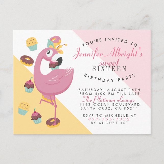 Invitation Carte Postale Flamant rose mignon, Cupcakes & Doughnut Sweet 16  (Devant)