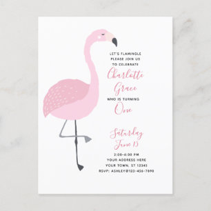Invitation Carte Postale Flamant rose noir blanc rose fille 1er anniversair
