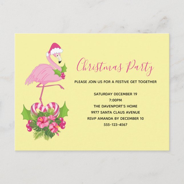 Invitation Carte Postale Flamant rose rose à Santa Hat Noël Whimsical (Devant)