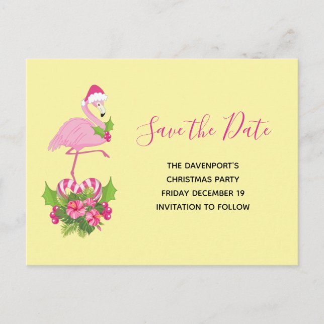 Invitation Carte Postale Flamant rose rose à Santa Hat Sauvez la date Noël (Devant)