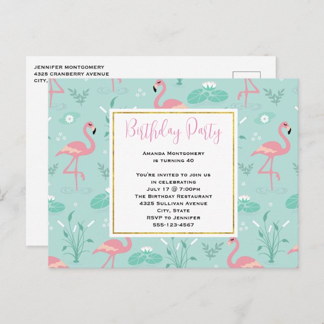 Invitation Carte Postale Flamants roses rose Pastel sur Motif vert Annivers (Devant / Derrière)