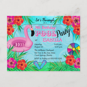 Invitation Carte Postale Flamingle Rose Floral 12ème anniversaire Pool Part