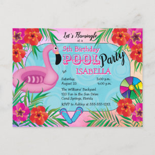 Invitation Carte Postale Flamingle rose Floral 5e anniversaire Pool Party
