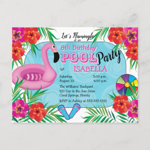 Invitation Carte Postale Flamingle rose Floral 8e anniversaire Pool Party