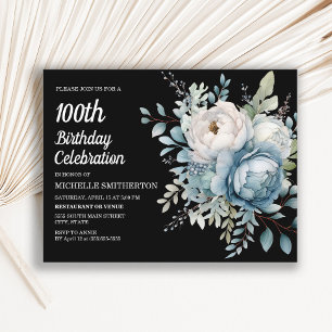 Invitation Carte Postale Fleur Bleu Blanc Anniversaire 100 Ans Femme