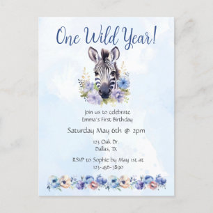 Invitation Carte Postale Fleur bleue Zèbre Anniversaire
