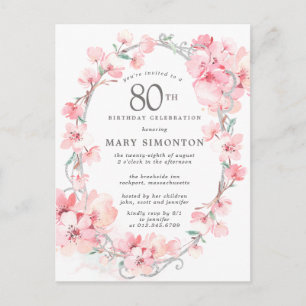 Invitation Carte Postale Fleur de cerise rose pâle 80e anniversaire